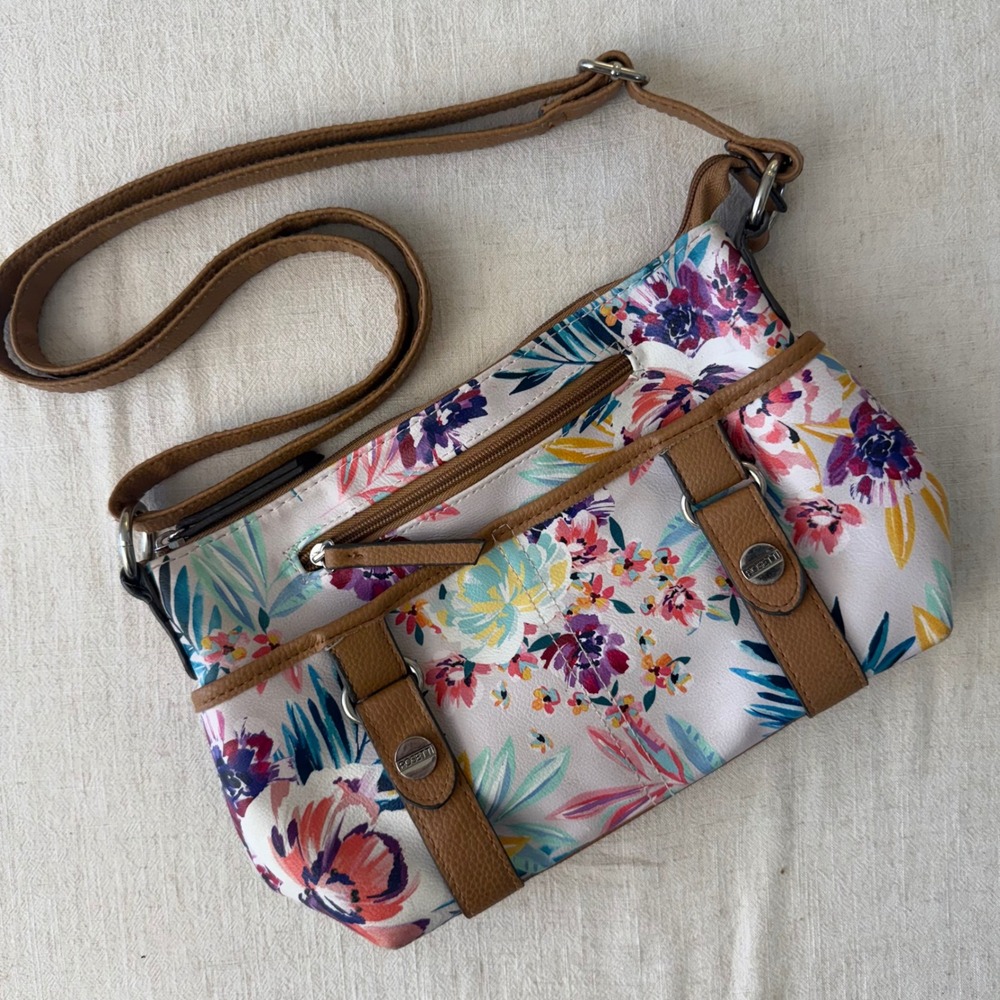 Rosetti Floral Crossbody Bag Tan Trim Adjustable Strap Multi‎ Pocket